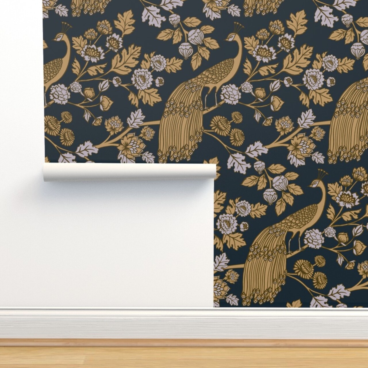 Chinoiserie Rococo Baroque Black Gold Blue Peacock Garden Bird Peacock Art Nouveau Ornamental Peacocks European 1920S 1900 Custom Pre-pasted Wallpaper by Spoonflower Pre-Pasted Wallpaper 2FT Wide